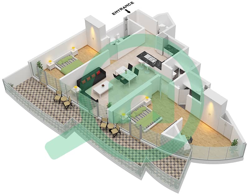 运河山庄 2号 - 2 卧室公寓类型C1 FLOOR 28戶型图 Type C1 Floor 28 interactive3D