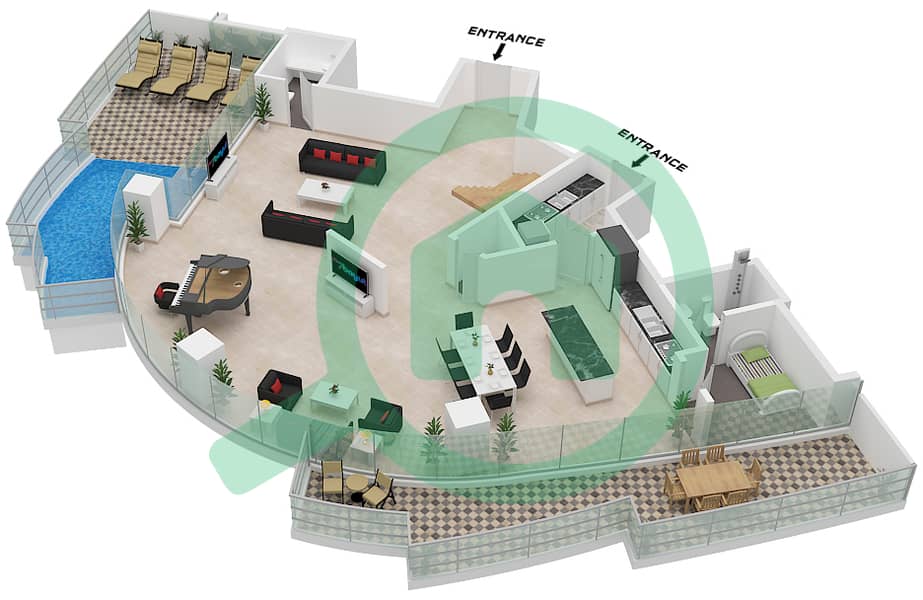 运河山庄 2号 - 4 卧室公寓类型A2 FLOOR 43,44戶型图 Type A2 Lower Floor 43 interactive3D
