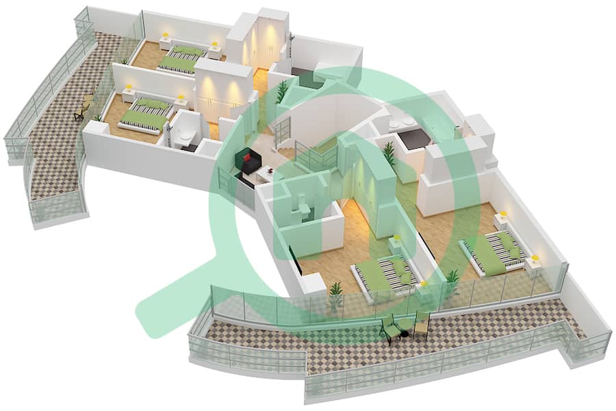 运河山庄 2号 - 4 卧室公寓类型A2 FLOOR 43,44戶型图 Type A2 Upper Floor 44 interactive3D