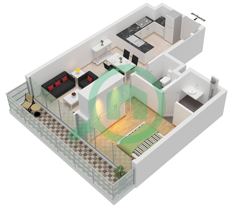 المخططات الطابقية لتصميم النموذج B FLOOR 1-10 شقة 1 غرفة نوم - فيردانا ريزيدنس Type B Floor 1-10 interactive3D