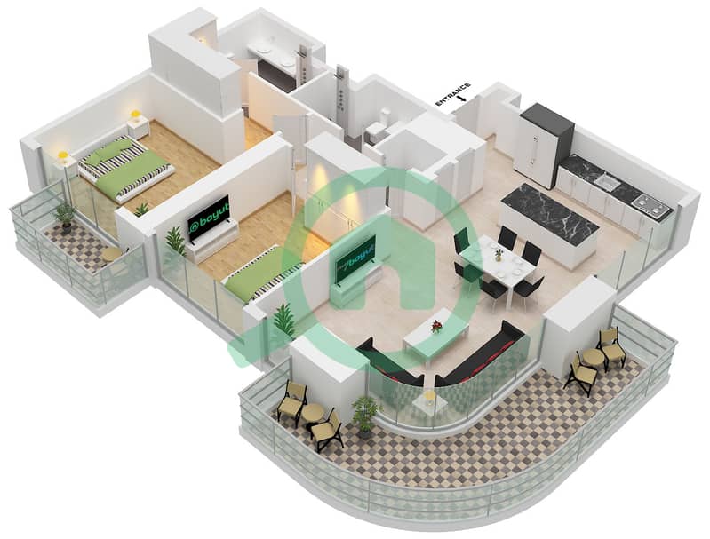 المخططات الطابقية لتصميم الوحدة 5 FLOOR 2-8 شقة 2 غرفة نوم - العنوان برج باي فيو 2 Unit 5 Floor 2-8 interactive3D