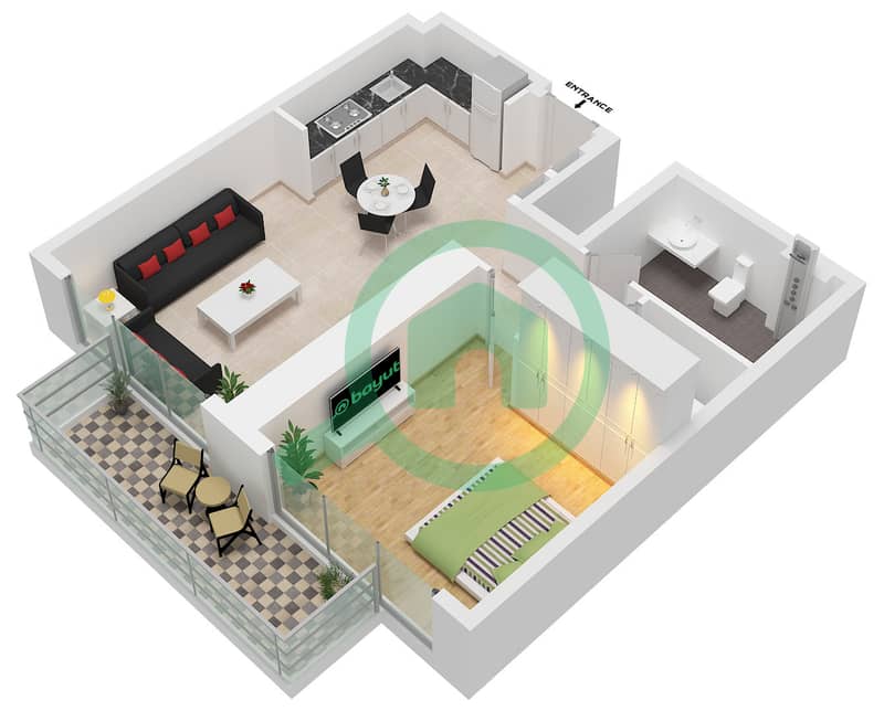 المخططات الطابقية لتصميم الوحدة 6 FLOOR 10-18 شقة 1 غرفة نوم - العنوان برج باي فيو 2 Unit 6 Floor 10-18 interactive3D