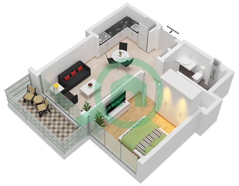المخططات الطابقية لتصميم الوحدة 4 FLOOR 2-8 شقة 1 غرفة نوم - العنوان برج باي فيو 2 Unit 4 Floor 2-8 interactive3D