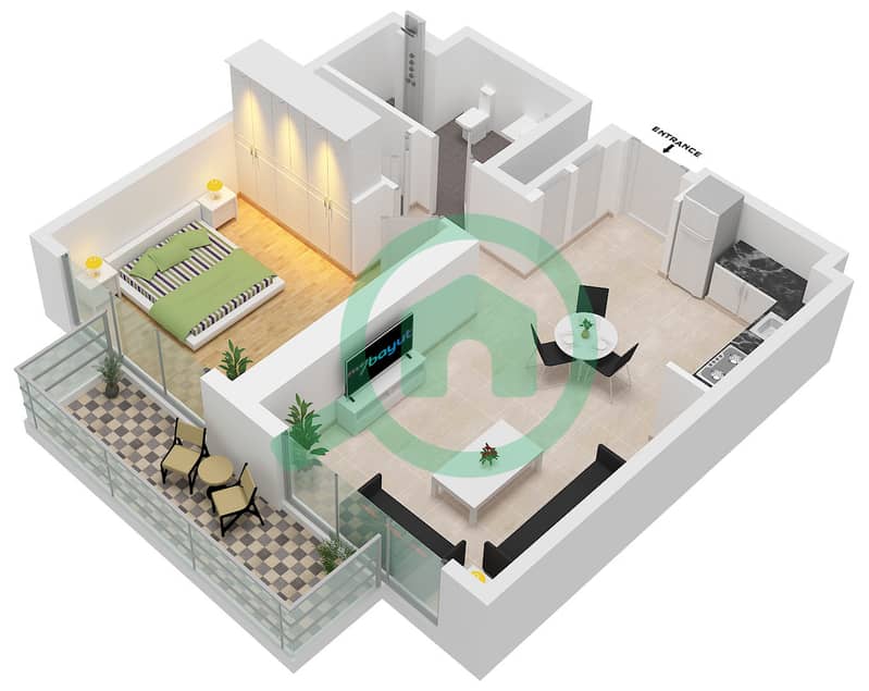 المخططات الطابقية لتصميم الوحدة 2,7 FLOOR 2-18 شقة 1 غرفة نوم - العنوان برج باي فيو 2 Unit 2 Floor 2-18 Unit 7 Floor 10-18 interactive3D