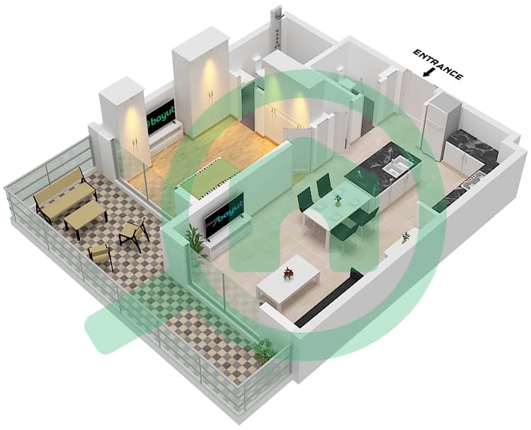 المخططات الطابقية لتصميم النموذج A2 شقة 1 غرفة نوم - ذا هايبري Type A2 interactive3D