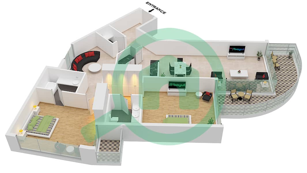 Атлантик - Апартамент 2 Cпальни планировка Единица измерения 3-2 FLOOR L1-L14 Unit 3-2 Floor L1-L14 interactive3D