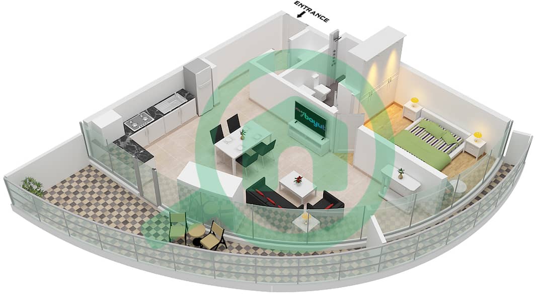 المخططات الطابقية لتصميم النموذج B1-M FLOOR 21 شقة 1 غرفة نوم - كانال هايتس Type B1-M Floor 21 interactive3D