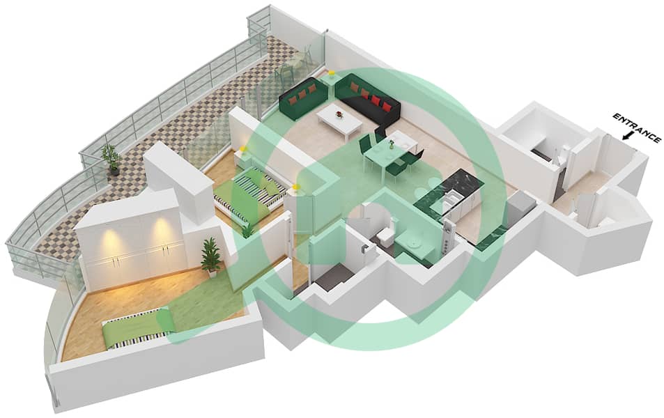 Канал Хайтс - Апартамент 2 Cпальни планировка Тип B1 FLOOR 21 Type B1 Floor 21 interactive3D