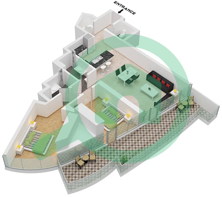 Канал Хайтс - Апартамент 2 Cпальни планировка Тип B1-M FLOOR 21 Type B1-M Floor 21 interactive3D