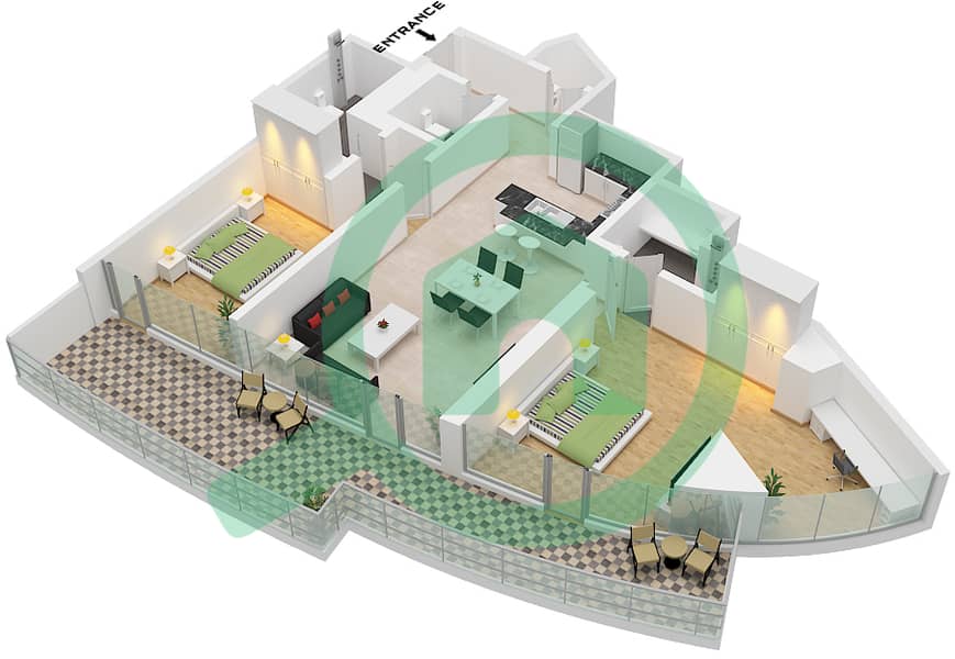 Канал Хайтс - Апартамент 2 Cпальни планировка Тип D1 FLOOR 32 Type D1 Floor 32 interactive3D
