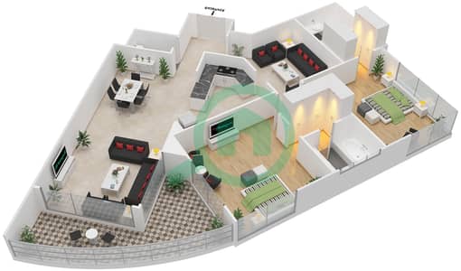 المخططات الطابقية لتصميم النموذج 2-B1 شقة 2 غرفة نوم - برج الأطلنطي