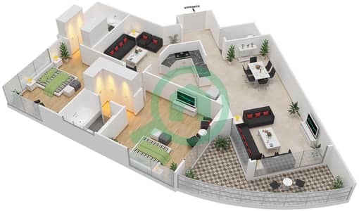 المخططات الطابقية لتصميم النموذج 2-B2 شقة 2 غرفة نوم - برج الأطلنطي