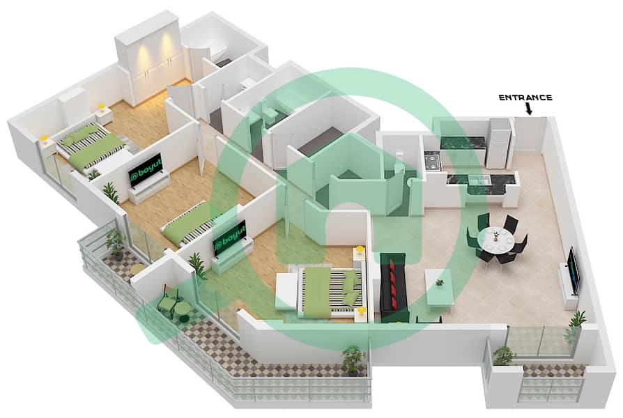 马扎亚2号楼 - 3 卧室公寓类型A戶型图 Type A interactive3D