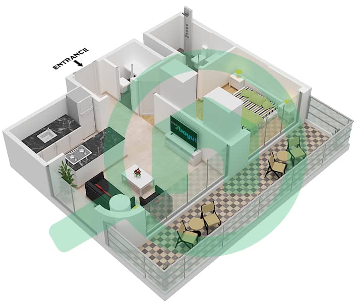 Azizi Venice 8 Building A - 1 卧室公寓单位28 FLOOR 1戶型图 Unit 28 Floor 1 interactive3D