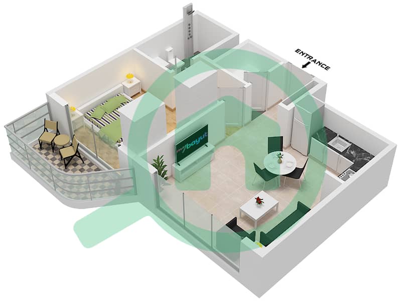 Azizi Venice 8 Building A - 1 卧室公寓单位13 FLOOR 2-10戶型图 Unit 13 Floor 2-10 interactive3D