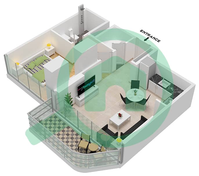 Azizi Venice 8 Building A - 1 卧室公寓单位3 FLOOR 2-10戶型图 Unit 3 Floor 2-10 interactive3D