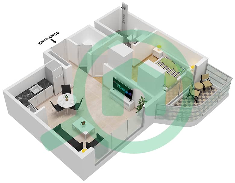 Azizi Venice 8 Building A - 1 卧室公寓单位18 FLOOR 2-10戶型图 Unit 18 Floor 2-10 interactive3D