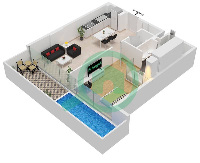 المخططات الطابقية لتصميم النموذج B شقة 1 غرفة نوم - أجنحة سكاي من بيس هومز Type B interactive3D