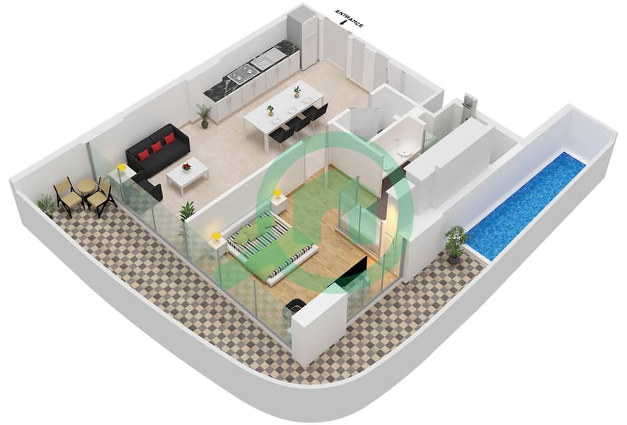 المخططات الطابقية لتصميم النموذج D شقة 1 غرفة نوم - أجنحة سكاي من بيس هومز Type D interactive3D