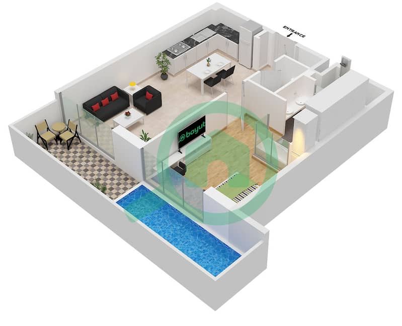 المخططات الطابقية لتصميم النموذج F شقة 1 غرفة نوم - أجنحة سكاي من بيس هومز Type F interactive3D