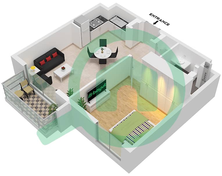 Mesk Residences - 1 卧室公寓类型／单位1A-4 / UNIT 6 FLOOR 1-5戶型图 Type 1A-4 Unit 6 Floor 1-5 interactive3D