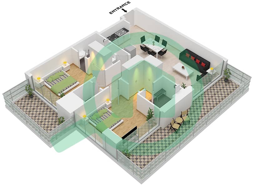 المخططات الطابقية لتصميم النموذج G شقة 2 غرفة نوم - ذا بيناكل Type G interactive3D
