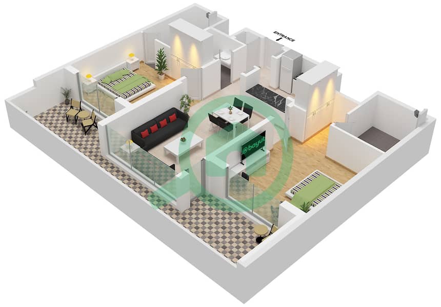 المخططات الطابقية لتصميم النموذج / الوحدة A1 / UNIT 9,10, FLOOR 1 شقة 2 غرفة نوم - ون بارك افينيو Type A1 Unit 9,10, Floor 1 interactive3D