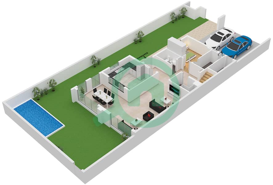المخططات الطابقية لتصميم النموذج / الوحدة CORNER TOWNHOUSE/UNITEDGE تاون هاوس 4 غرف نوم - خليج الجنوب 4 Type Corner Townhouse Unit Edge Ground Floor interactive3D