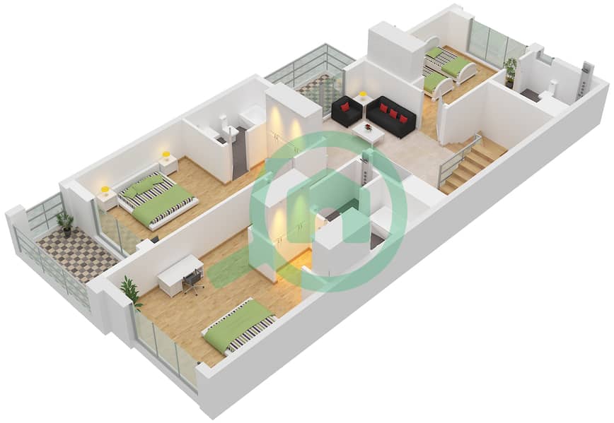 المخططات الطابقية لتصميم النموذج / الوحدة MIDDLE TOWNHOUSE تاون هاوس 4 غرف نوم - خليج الجنوب 4 Type Middle Townhouse Unit Middle First Floor interactive3D