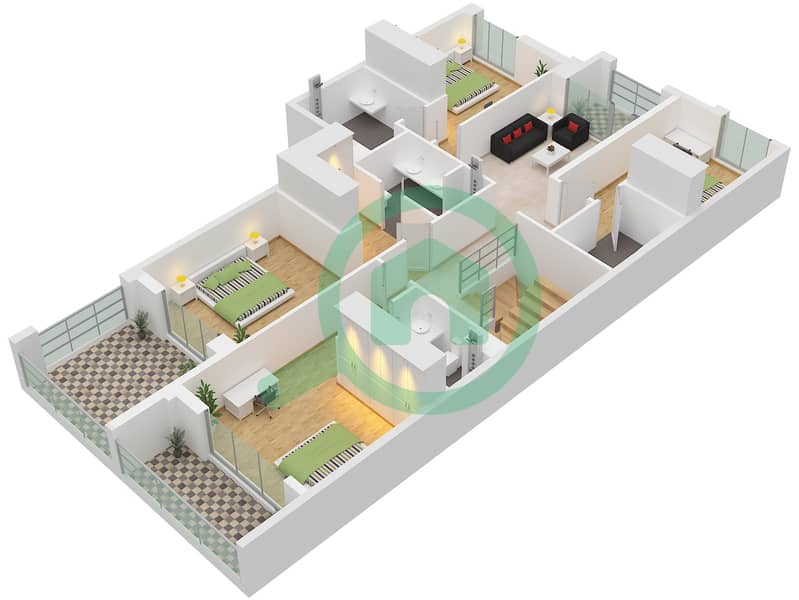 المخططات الطابقية لتصميم النموذج / الوحدة SEMIDETACHED VILLA تاون هاوس 5 غرف نوم - خليج الجنوب 4 Type Semidetached Villa Unit Edge First Floor interactive3D