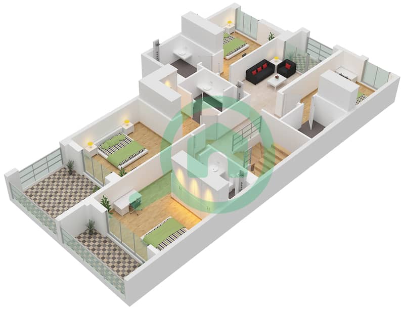 المخططات الطابقية لتصميم النموذج / الوحدة MIDDLE TOWNHOUSE تاون هاوس 5 غرف نوم - خليج الجنوب 4 Type Middle Townhouse Unit Middle First Floor interactive3D