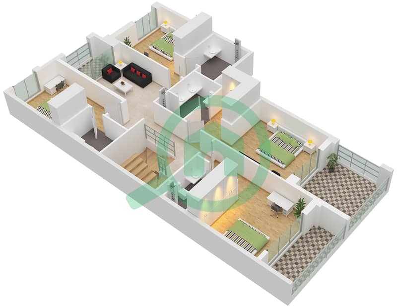 المخططات الطابقية لتصميم النموذج / الوحدة MIDDLE TOWNHOUSE (MI) تاون هاوس 5 غرف نوم - خليج الجنوب 4 Type Middle Townhouse (Mi) Unit Middle Mi First Floor interactive3D