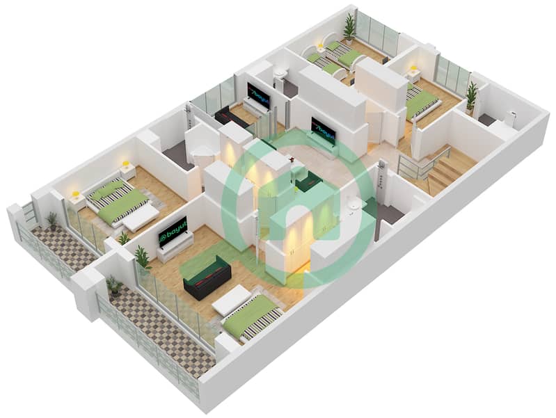المخططات الطابقية لتصميم النموذج / الوحدة SEMIDETACHED VILLA تاون هاوس 5 غرف نوم - خليج الجنوب 4 Type Semidetached Villa Unit Edge First Floor interactive3D