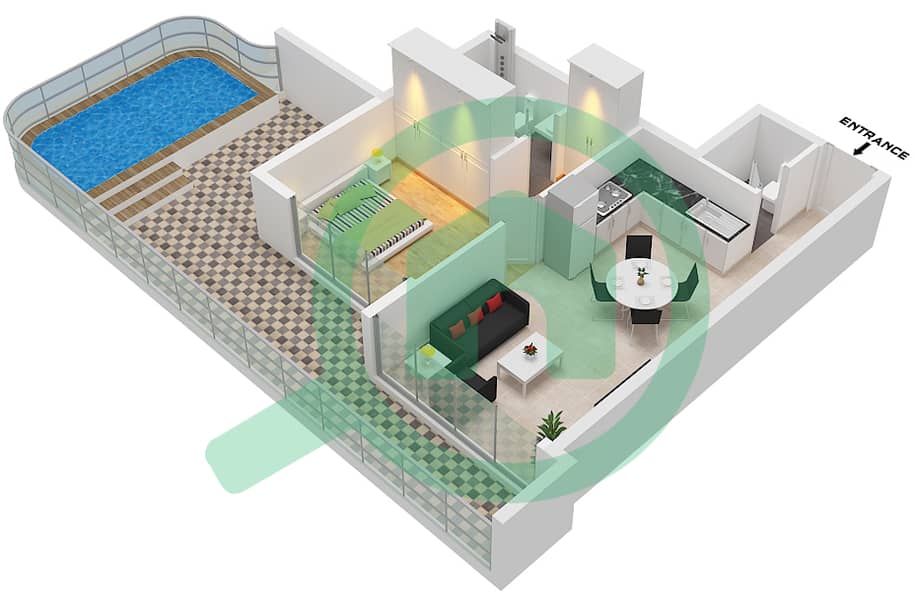 المخططات الطابقية لتصميم النموذج / الوحدة F/UNIT 4,9 FLOOR 4,6,8,10 شقة 1 غرفة نوم - أوبالز من الدانوب برج 1 Type F Unit 4,9 Floor 4,6,8,10,12,14,16,18 interactive3D