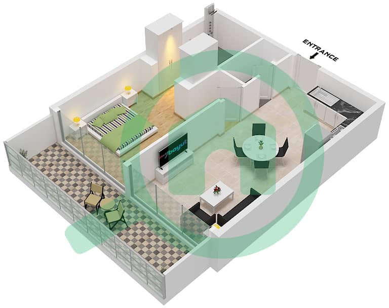 المخططات الطابقية لتصميم النموذج / الوحدة B/UNIT 2,36-7 FLOOR 2-19 شقة 1 غرفة نوم - أوبالز من الدانوب برج 1 Type B Unit 6-7 Floor 2 Unit 2,3,10,11 Floor 3-19 interactive3D