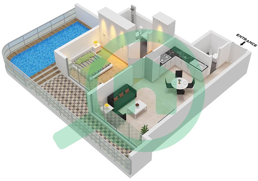 المخططات الطابقية لتصميم النموذج / الوحدة D/UNIT 4,9 FLOOR 3,5,7,9 شقة 1 غرفة نوم - أوبالز من الدانوب برج 1 Type D Unit 4,9 Floor 3,5,7,9,11,13,15,17,19 interactive3D