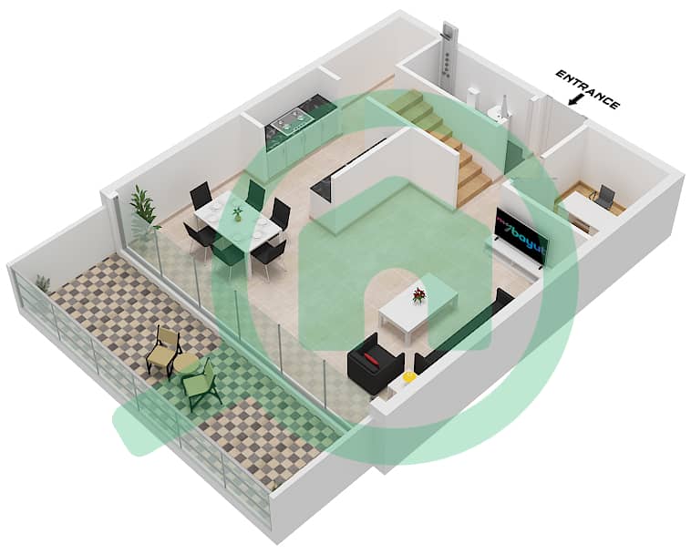 المخططات الطابقية لتصميم النموذج / الوحدة A / UNIT 2,3 FLOOR 1 شقة 2 غرفة نوم - أوبالز من الدانوب برج 1 Type A Unit 2,3 Floor 1 Lower interactive3D