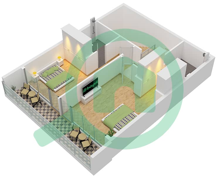المخططات الطابقية لتصميم النموذج / الوحدة A / UNIT 2,3 FLOOR 1 شقة 2 غرفة نوم - أوبالز من الدانوب برج 1 Type A Unit 2,3 Floor 1 Upper interactive3D