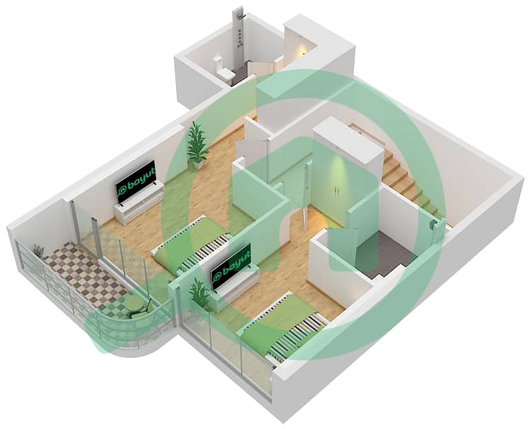 المخططات الطابقية لتصميم النموذج / الوحدة B / UNIT 5,6 FLOOR 1 شقة 2 غرفة نوم - أوبالز من الدانوب برج 1 Type B Unit 5,6 Floor 1 Upper interactive3D