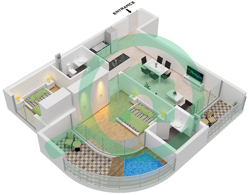 المخططات الطابقية لتصميم النموذج / الوحدة A,B / UNIT 1,5 FLOOR 2-19 شقة 3 غرف نوم - أوبالز من الدانوب برج 1 Type B Unit 5 Floor 2 Unit 12 Floor 3-19 interactive3D