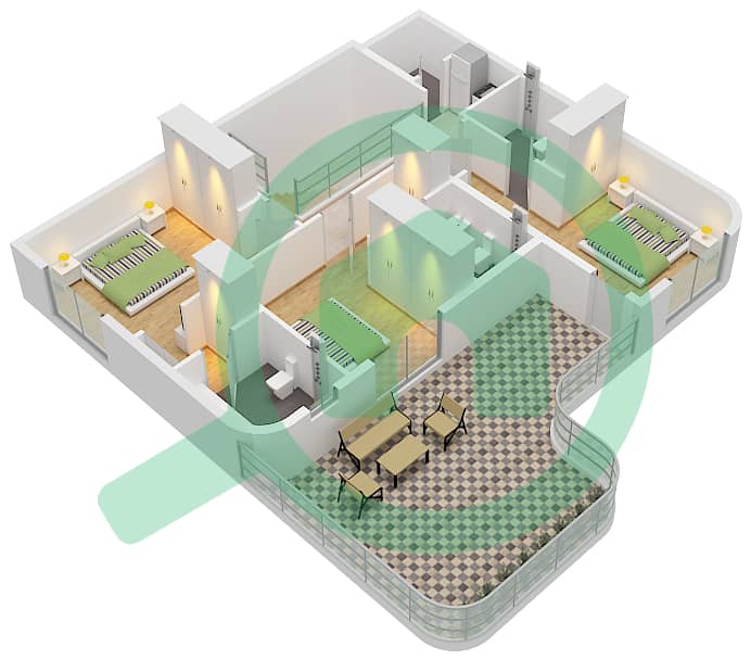 المخططات الطابقية لتصميم النموذج / الوحدة B / UNIT 4,7 FLOOR 1 شقة 3 غرف نوم - أوبالز من الدانوب برج 1 Type B Unit 4,7 Floor 1 Upper interactive3D