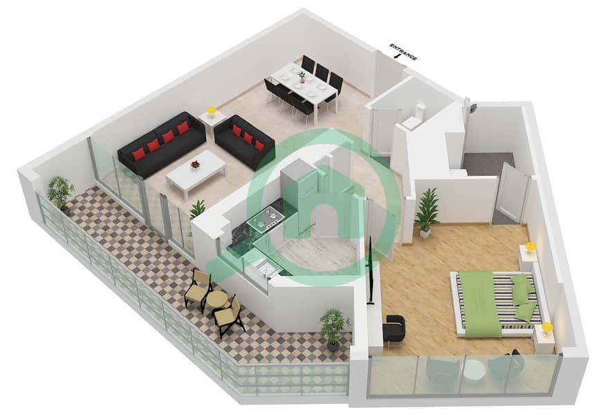 المخططات الطابقية لتصميم الوحدة 04 شقة 1 غرفة نوم - برج عائشة Unit 04 interactive3D