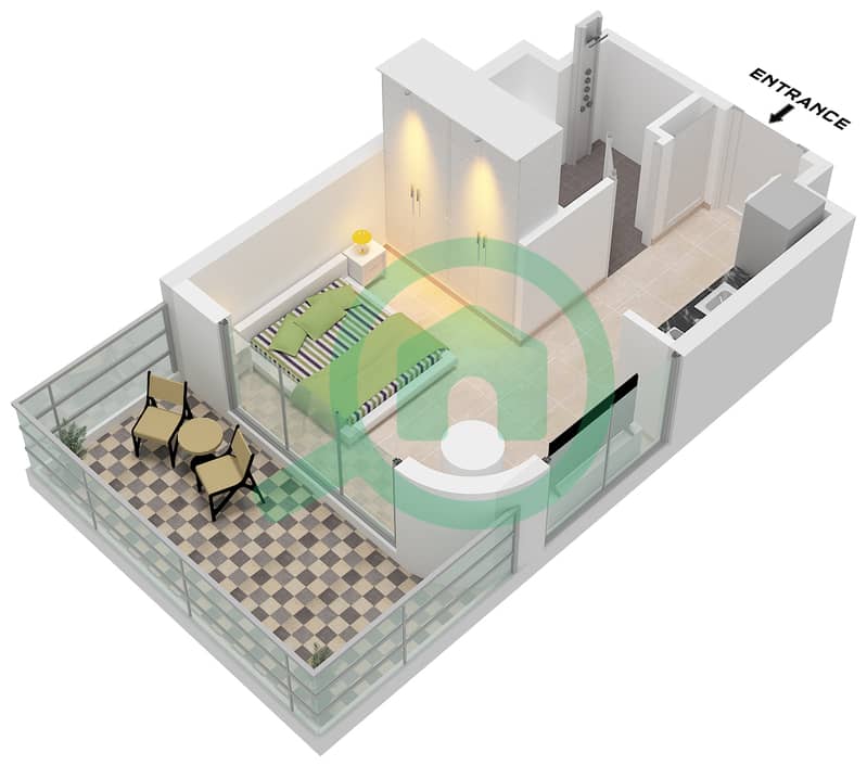 Azizi Venice 8 Building B - 单身公寓单位1 FLOOR 1戶型图 Unit 1 Floor 1 interactive3D