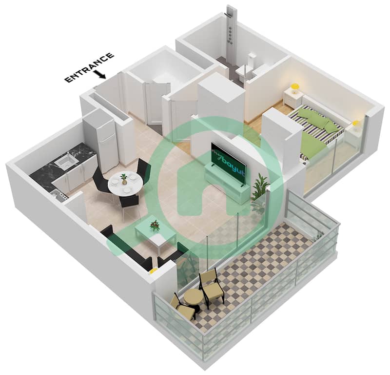 Azizi Venice 8 Building B - 1 卧室公寓单位26 FLOOR 2-10戶型图 Unit 26 Floor 2-10 interactive3D