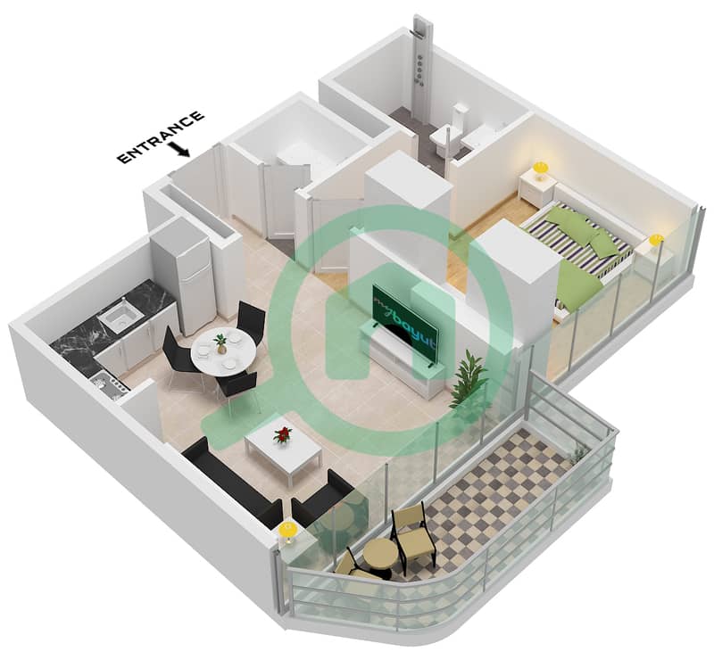 Azizi Venice 8 Building B - 1 Bedroom Apartment Unit 3 FLOOR 2-10 Floor plan Unit 3 Floor 2-10 interactive3D