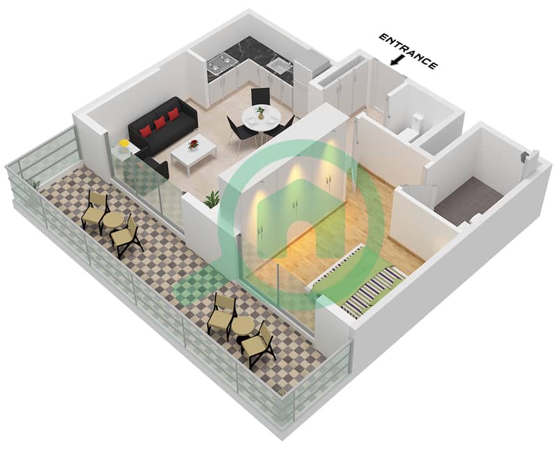 Azizi Venice 8 Building B - 1 卧室公寓单位3 FLOOR 1戶型图 Unit 3 Floor 1 interactive3D