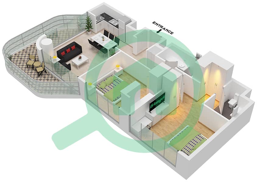 Azizi Venice 8 Building B - 2 卧室公寓单位23 FLOOR 2-10戶型图 Unit 23 Floor 2-10 interactive3D