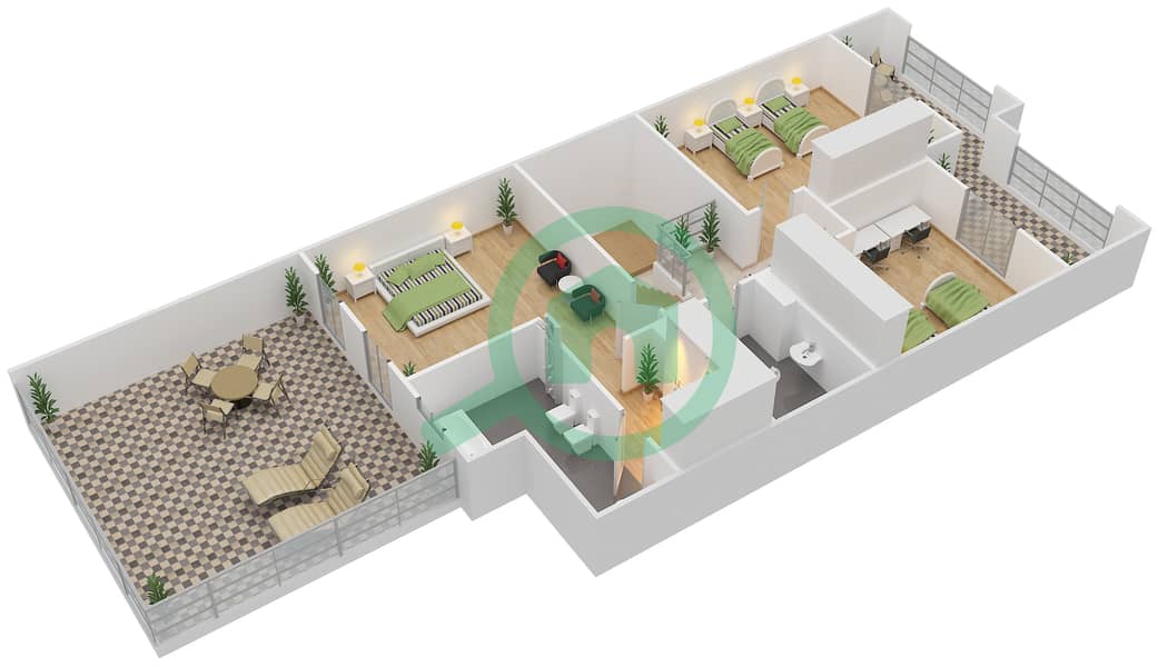 المخططات الطابقية لتصميم النموذج 1B تاون هاوس 3 غرف نوم - حدائق بلووم First Floor image3D