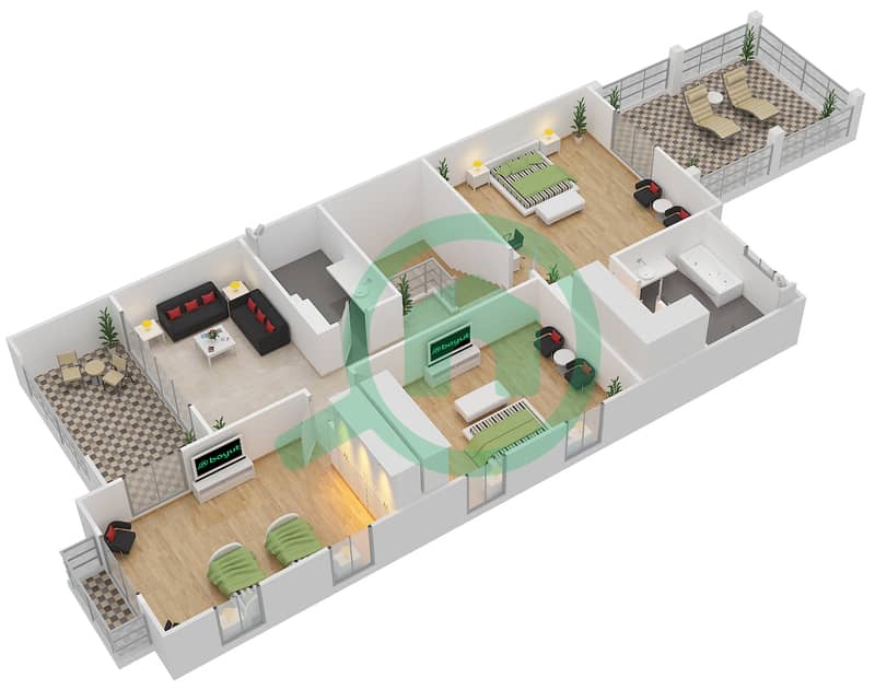 المخططات الطابقية لتصميم النموذج 1A تاون هاوس 4 غرف نوم - حدائق بلووم First Floor image3D