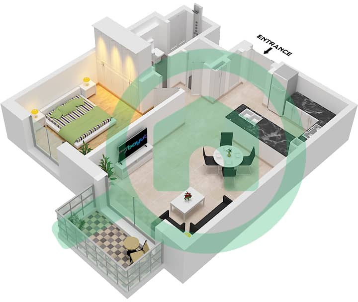 Riwa 1 - 1 卧室公寓类型／单位1C / UNIT 1-4 FLOOR 1-10戶型图 Type 1C Unit 1,3 Floor 1 Unit 2,4 Floor 2-9 Unit 2 Floor 10 interactive3D